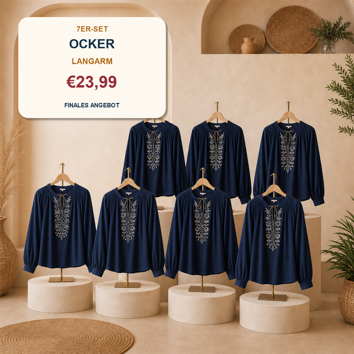 14er-Set Boho-Damenoberteile - 7 kurzärmelige + 7 langärmelige Modelle - 7-teiliges Set Rostrot - 23.99 €