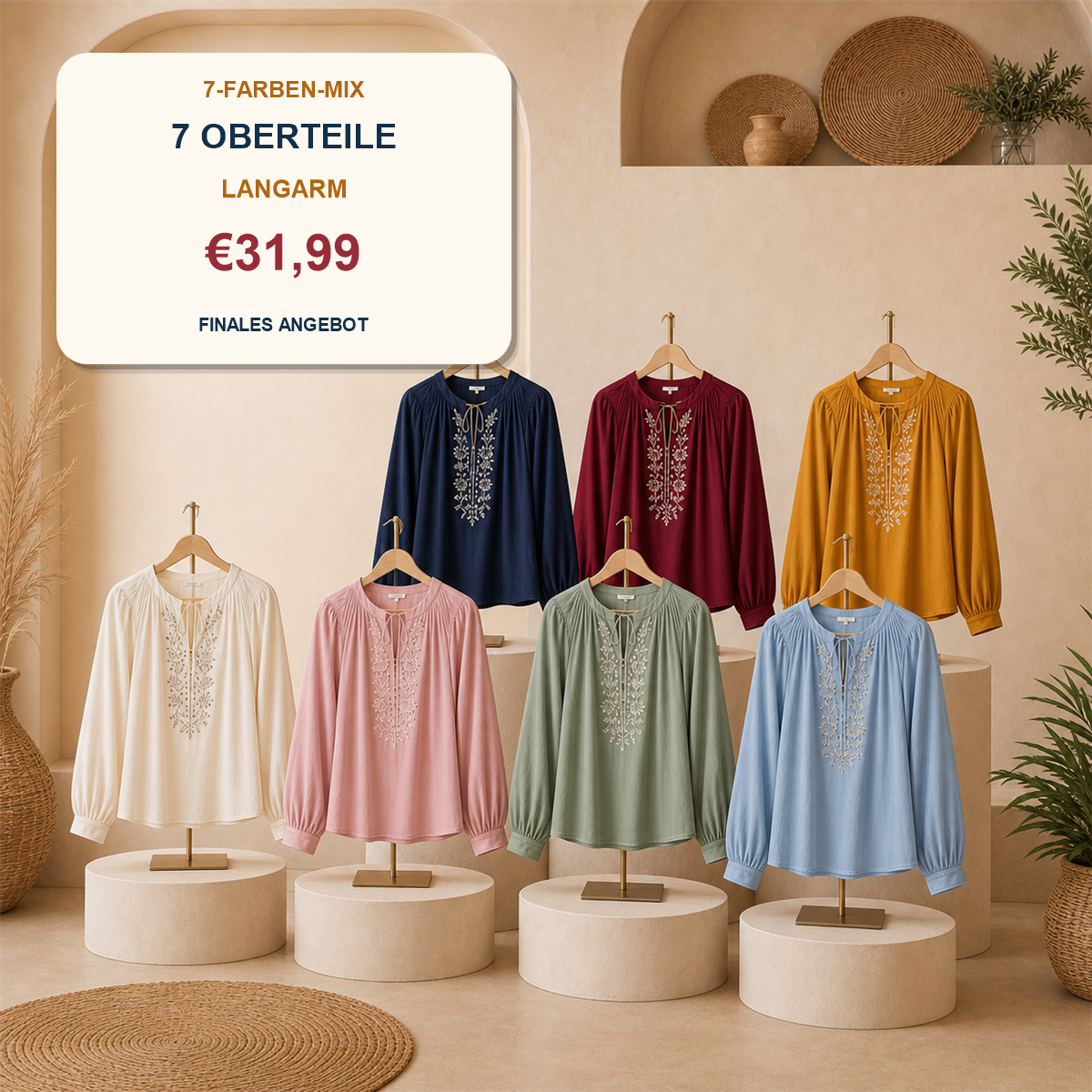 14er-Set Boho-Damenoberteile - 7 kurzärmelige + 7 langärmelige Modelle - 7 Teile - Langarm-Kollektion - 31.99 €