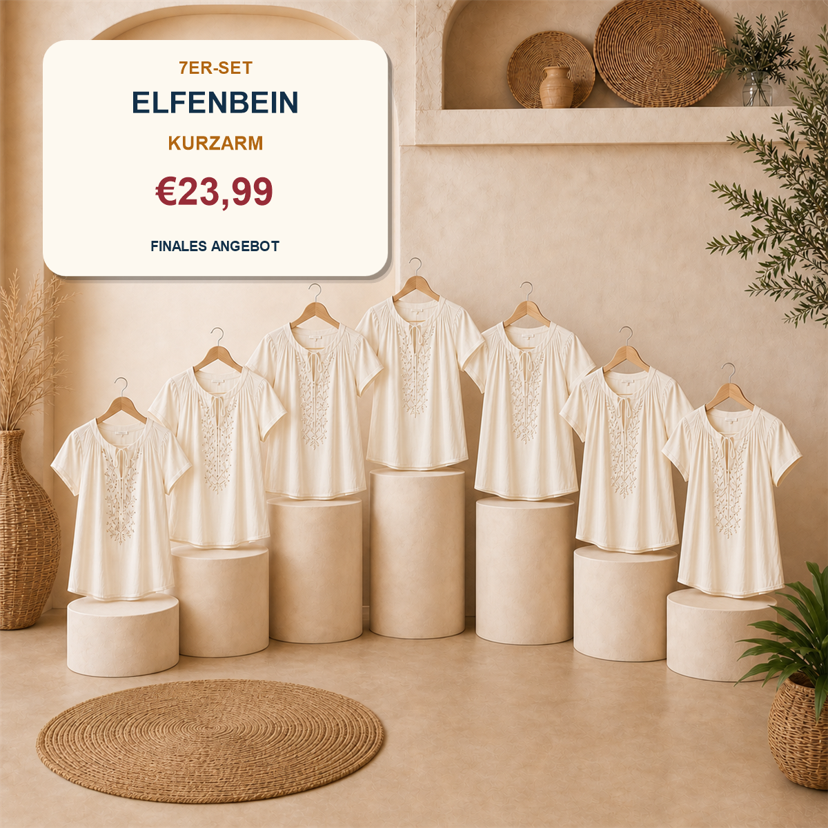 14er-Set Boho-Damenoberteile - 7 kurzärmelige + 7 langärmelige Modelle - 7-teiliges Set Weiß - 23.99 €