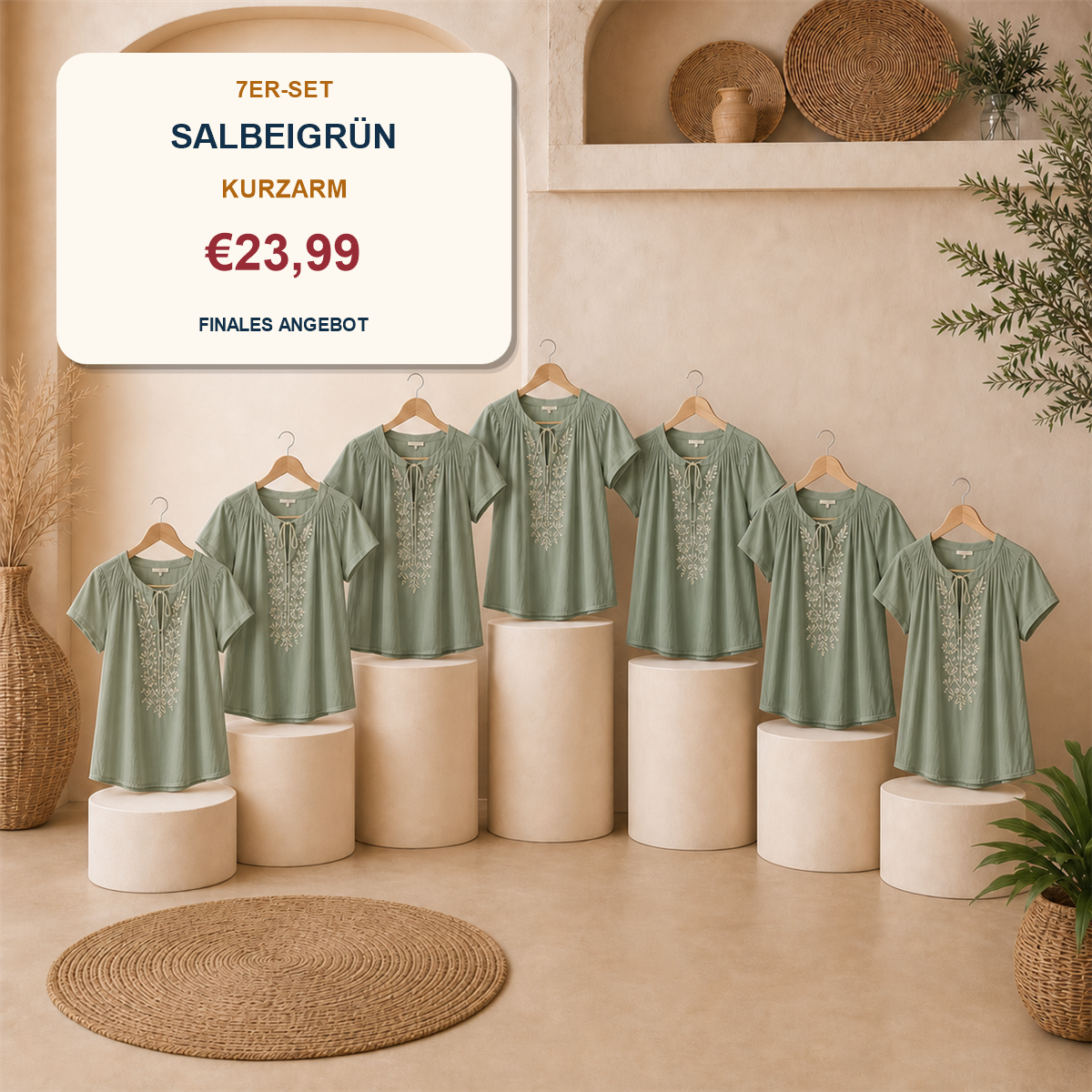 14er-Set Boho-Damenoberteile - 7 kurzärmelige + 7 langärmelige Modelle - 7-teiliges Set Marineblau - 23.99 €