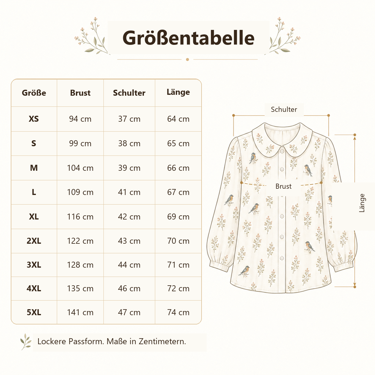 ⏰Räumungsverkauf⚡10er-Pack für 28 €⚡ Damenbluse mit Vogel- und Pflanzenprint und rundem Kragen