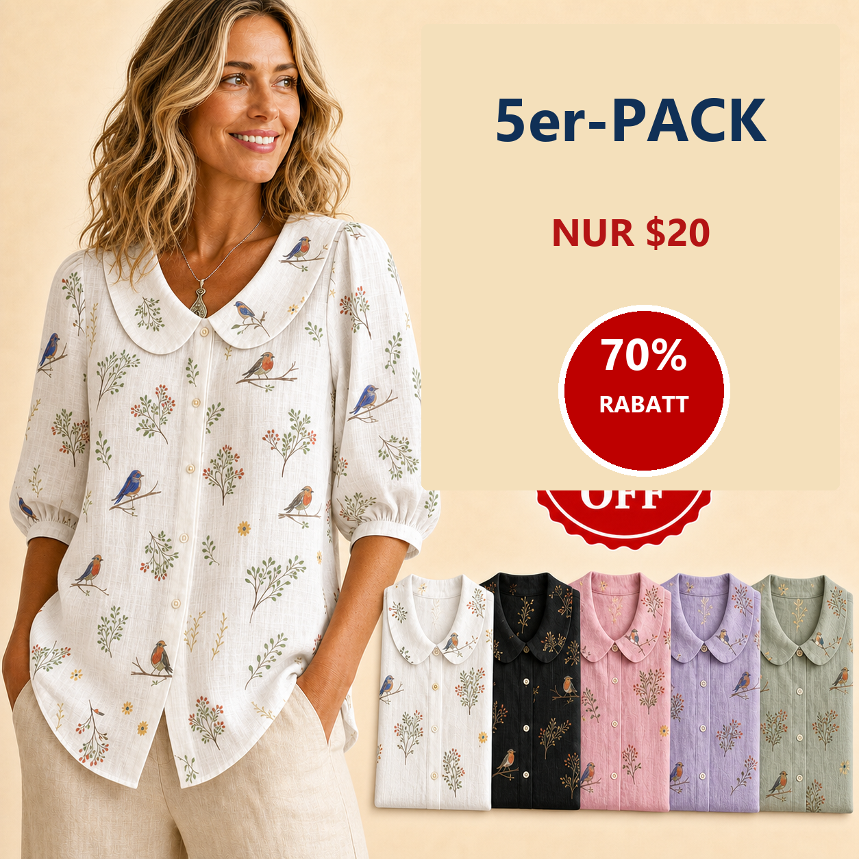 ⏰Räumungsverkauf⚡10er-Pack für 28 €⚡ Damenbluse mit Vogel- und Pflanzenprint und rundem Kragen