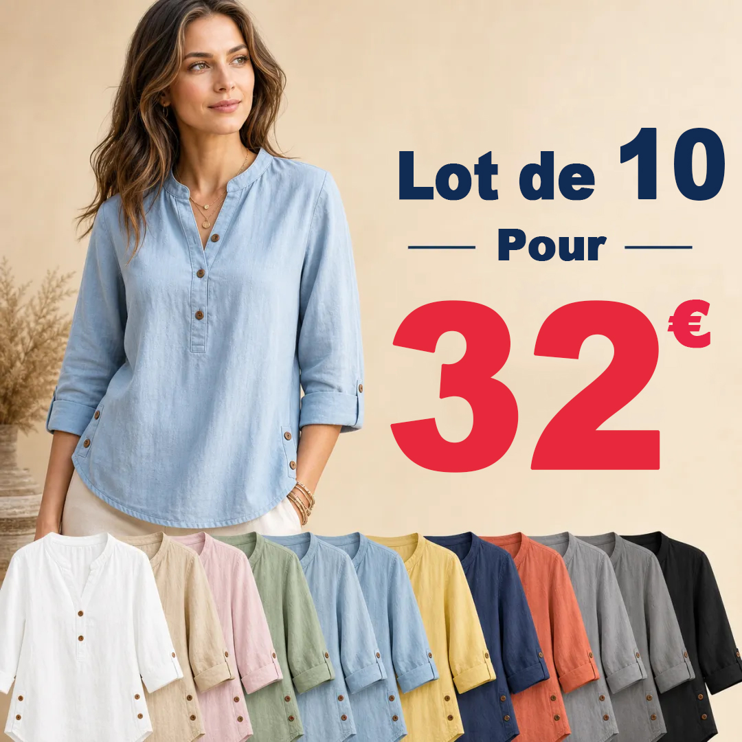 ⏰ Liquidation d’entrepôt ⚡ Lot de 20 à seulement 36 $ ⚡ T-shirt femme en lin à col mao