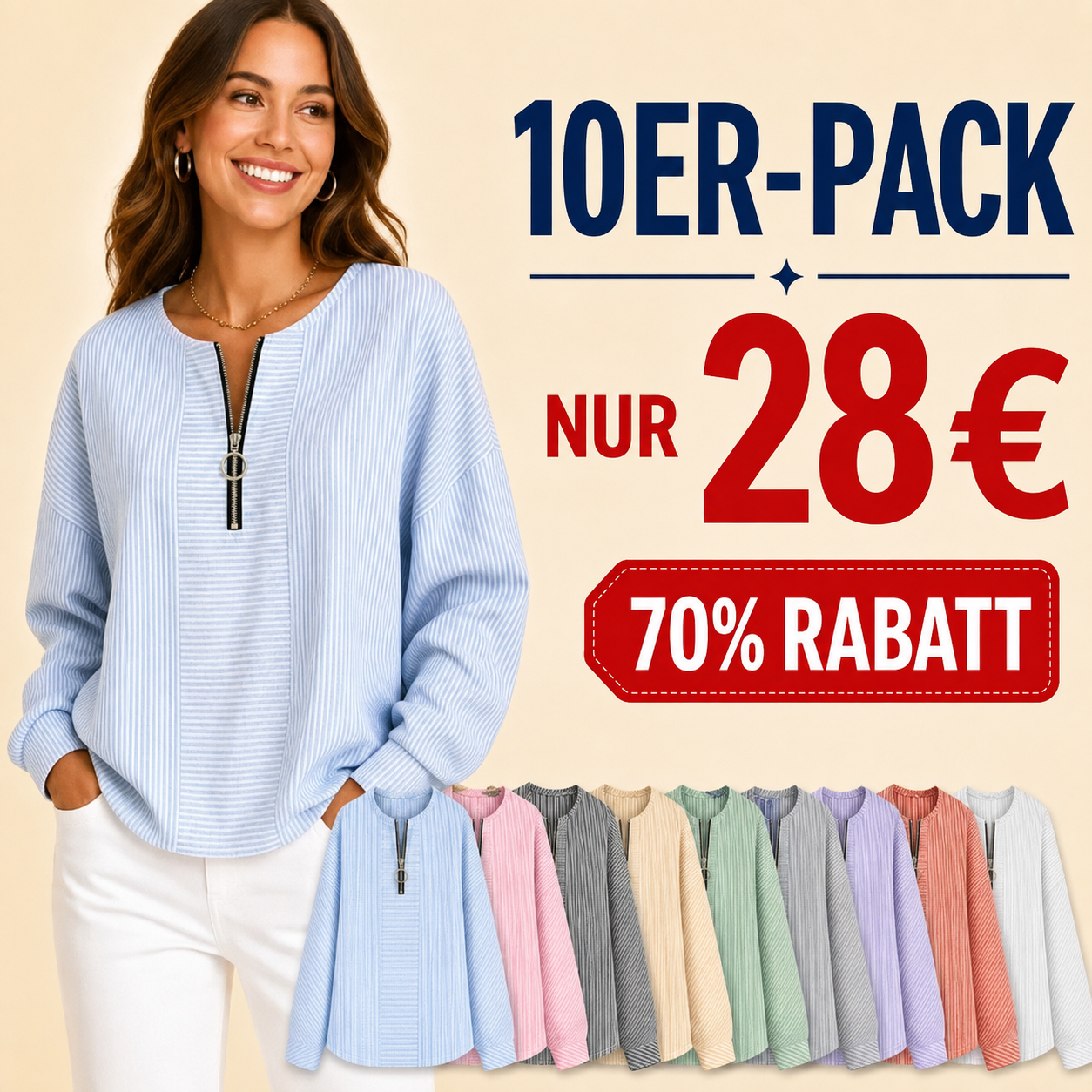 ⏰ Räumungsverkauf wegen Geschäftsaufgabe ⚡ 10er-Pack für 28 € ⚡ Gestreifter Damen-Pullover mit Reißverschluss am Kragen