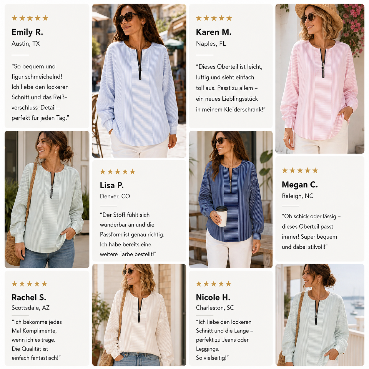 ⏰ Räumungsverkauf wegen Geschäftsaufgabe ⚡ 10er-Pack für 28 € ⚡ Gestreifter Damen-Pullover mit Reißverschluss am Kragen