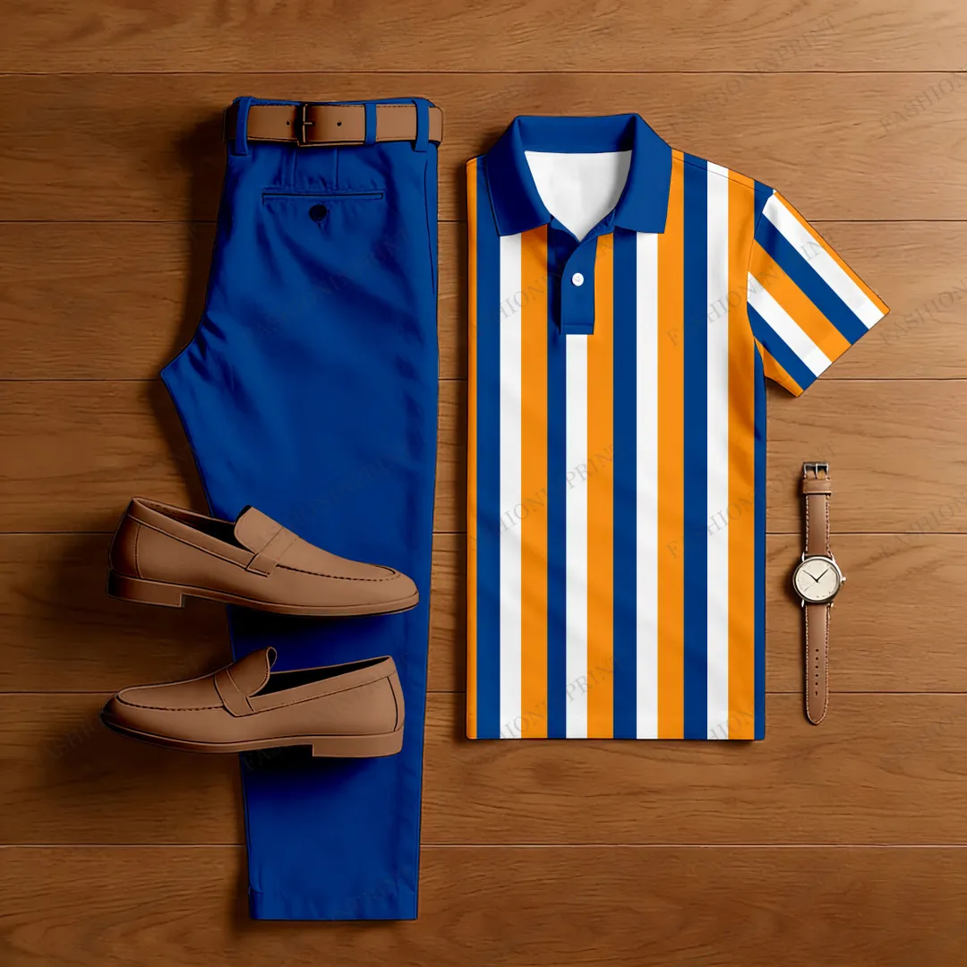 Men's Casual Color Matching Printed Polo-Collar Short Sleeved Trousers Two-Piece Set