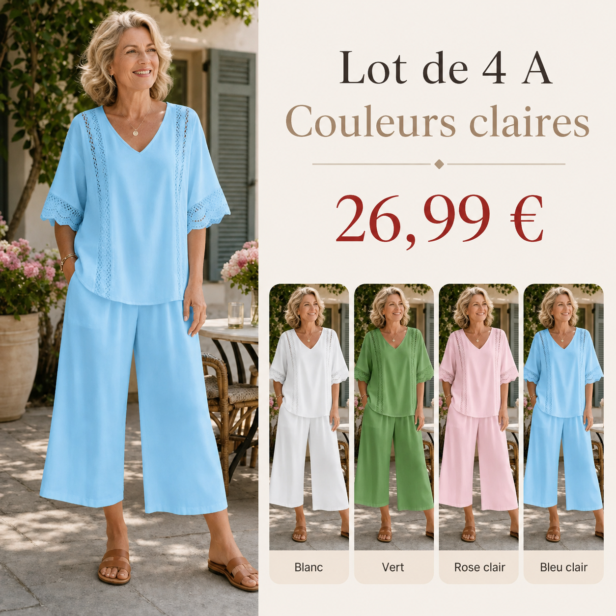 FR -8 ensembles deux pièces pour seulement 32,99 €-Ensemble deux pièces pour femme avec garniture en dentelle et pantalon large