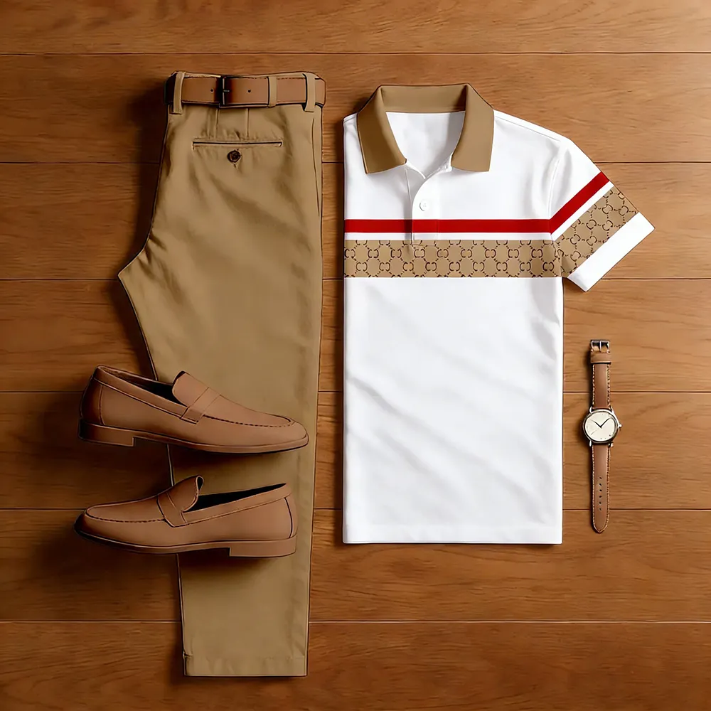 Men's Casual Color Matching Printed Polo-Collar Short Sleeved Trousers Two-Piece Set
