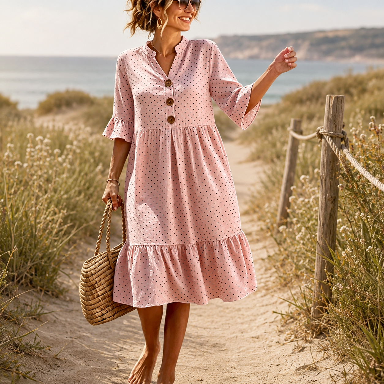 🌿 Gepunktetes Volantkleid für sonnige Tage – locker geschnitten, feminin und angenehm leicht