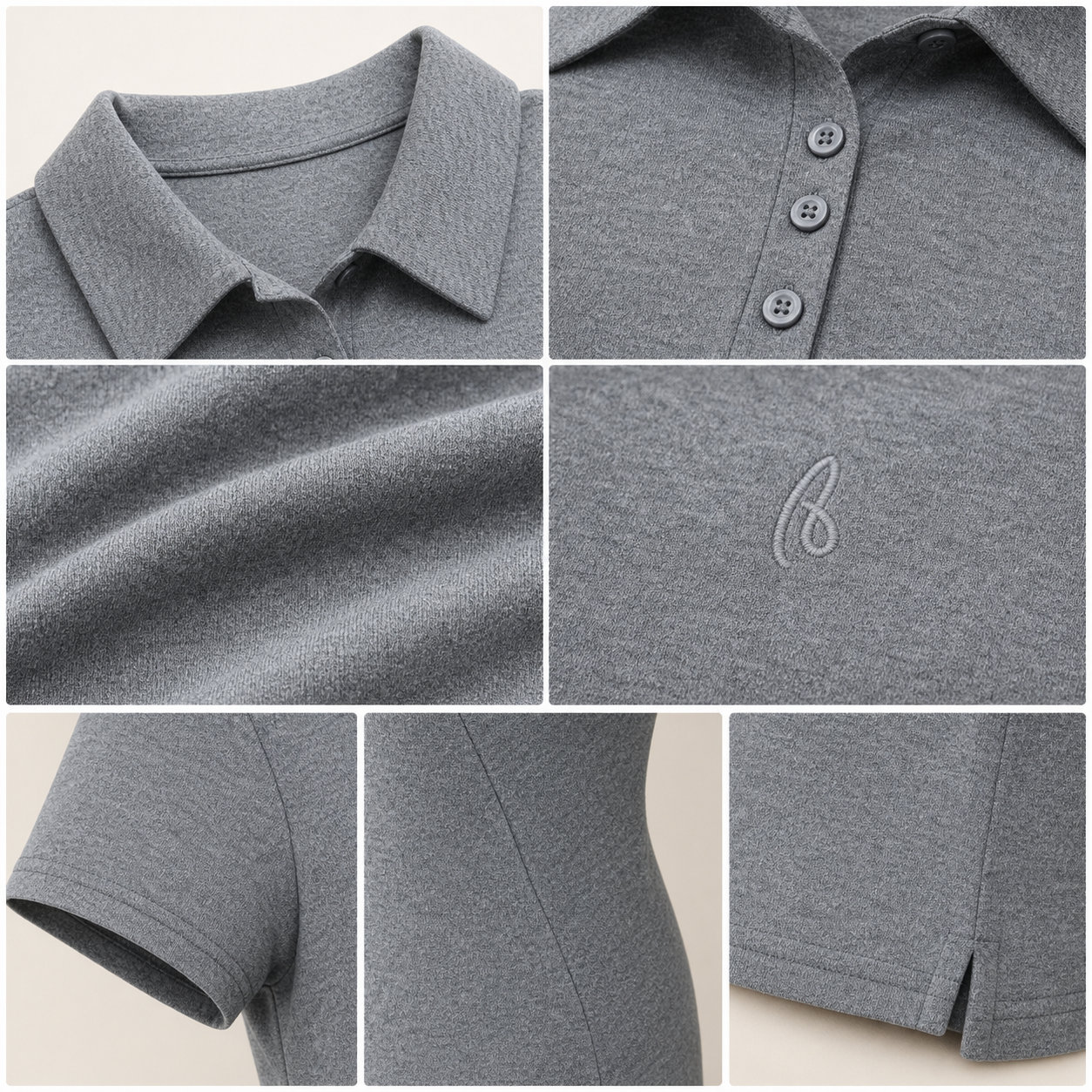 Women's polo shirt collar placket fabric sleeve and hem detail collage