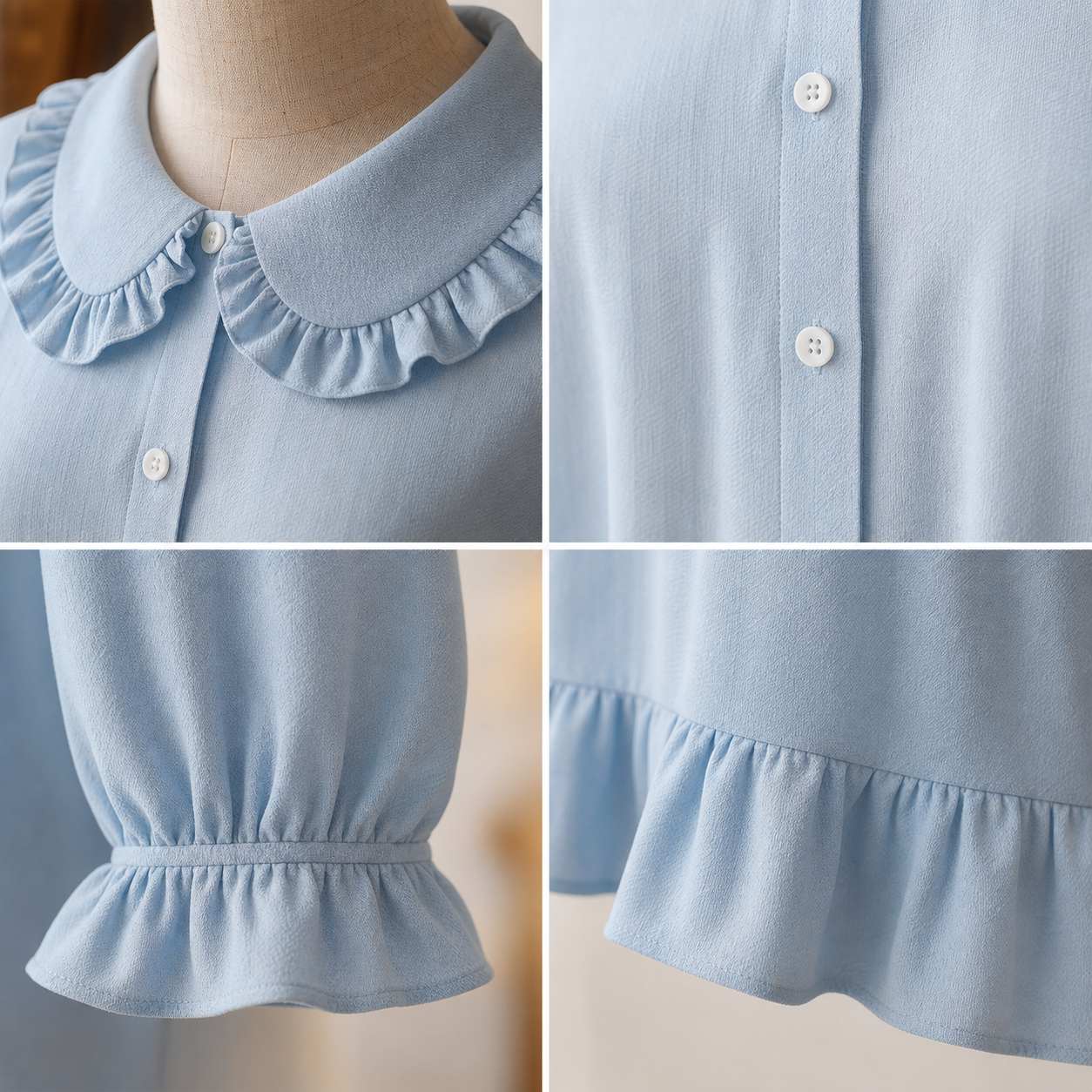 Rounded collar white buttons ruffle cuffs ruffle hem and textured fabric details