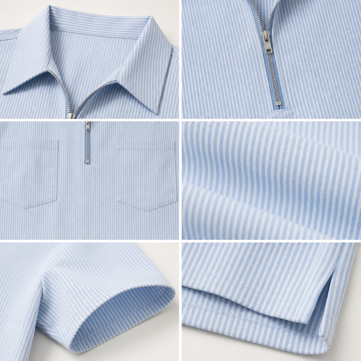Men's quarter zip shirt collar zipper pockets fabric sleeve and hem detail collage