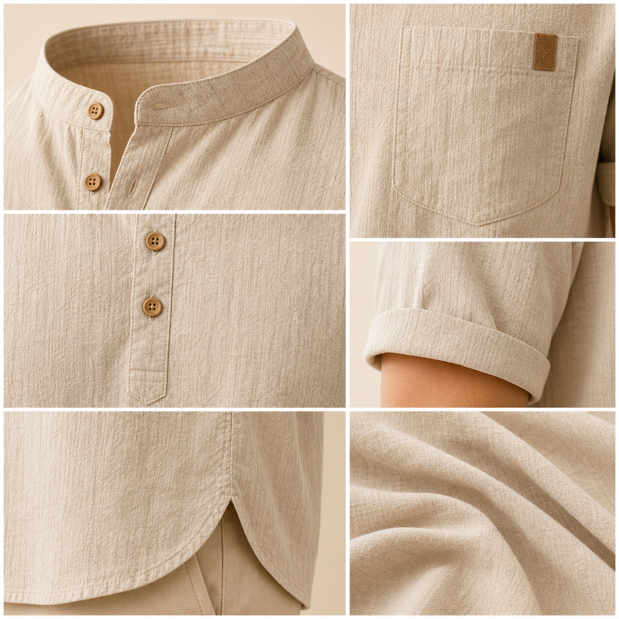 Men's band collar pocket henley shirt placket pocket sleeve and fabric detail collage