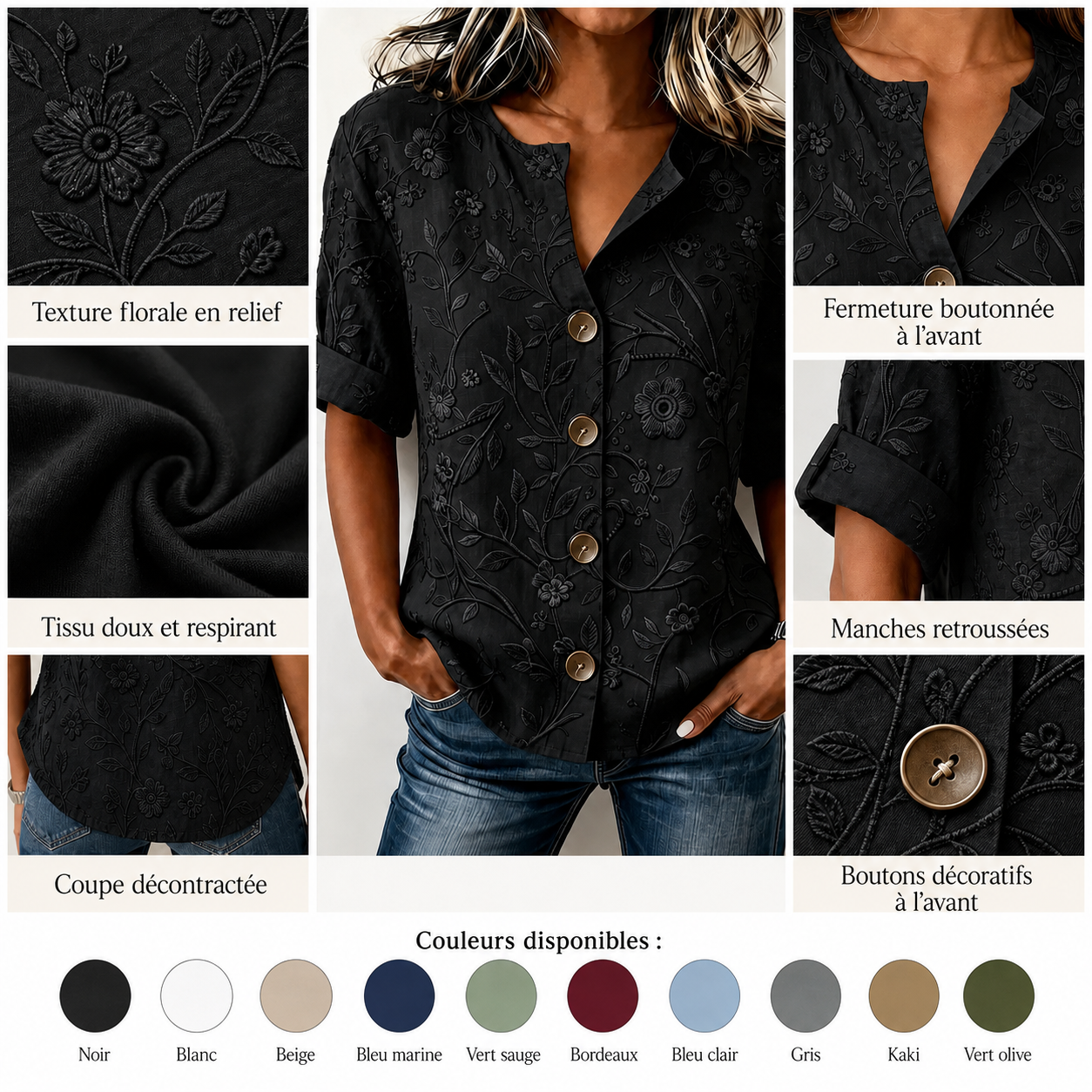 ⏰Liquidation avant fermeture du magasin⚡Lot de 10 pour 28 €⚡Chemise boutonnée à fleurs en relief pour femme