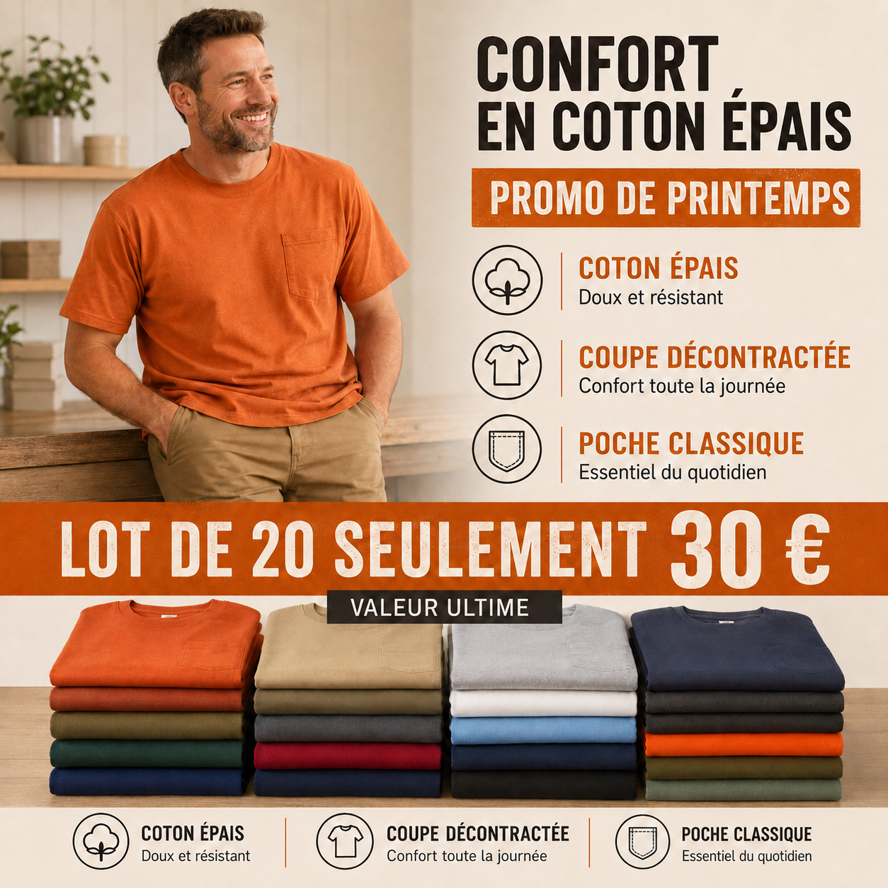 🔥T-shirt homme en coton épais avec poche – Coupe décontractée, idéal au quotidien | Grandes tailles disponibles