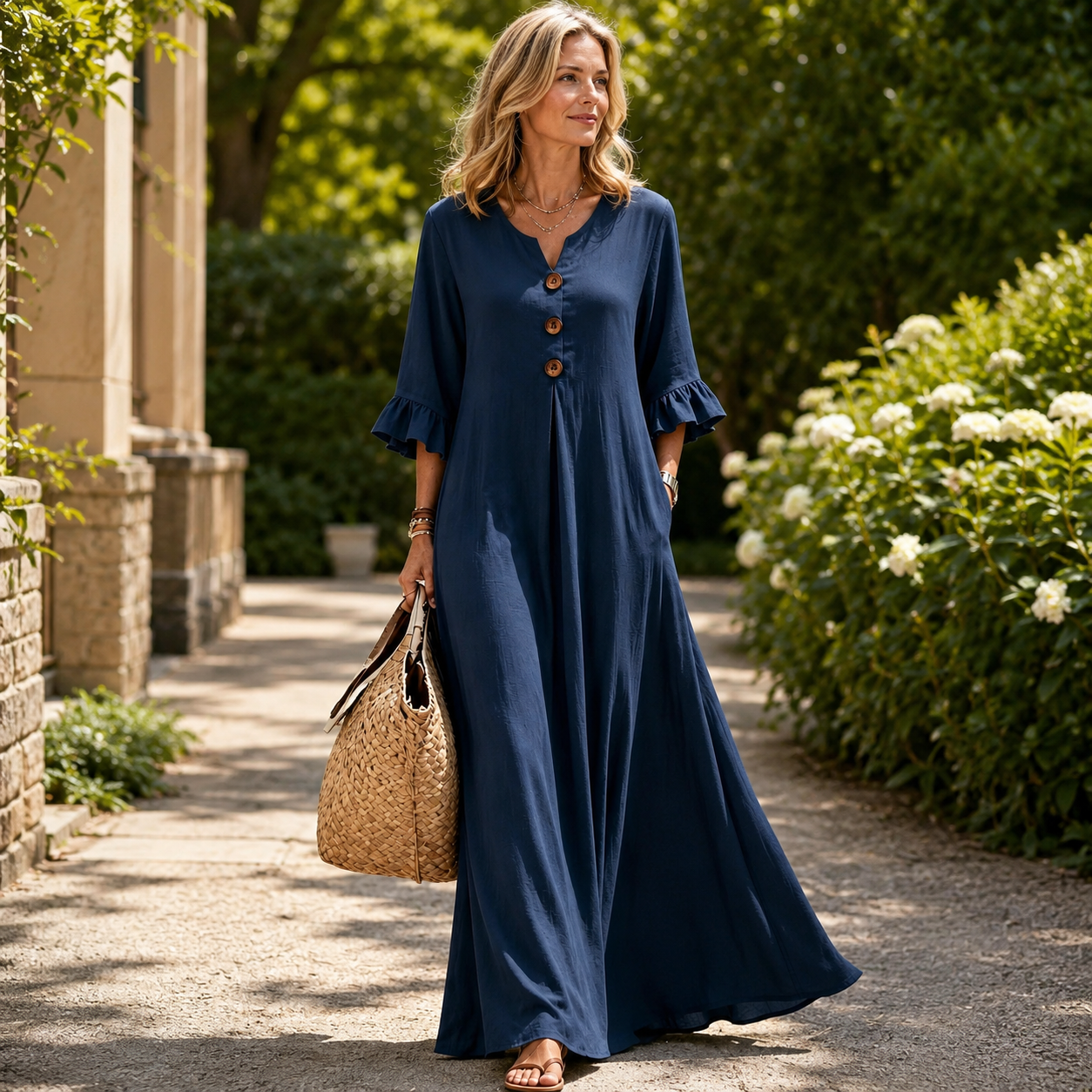 🌿 Leicht durch den Tag – Elegantes A-Linien-Maxikleid mit Volantärmeln
