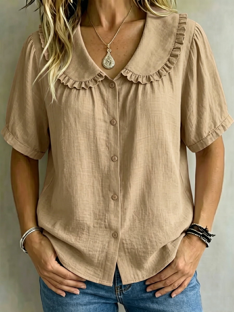 8 Pack Only$32.99-🔥 Women's Ruffle Trim Collared Button-Up Short Sleeve Shirt
