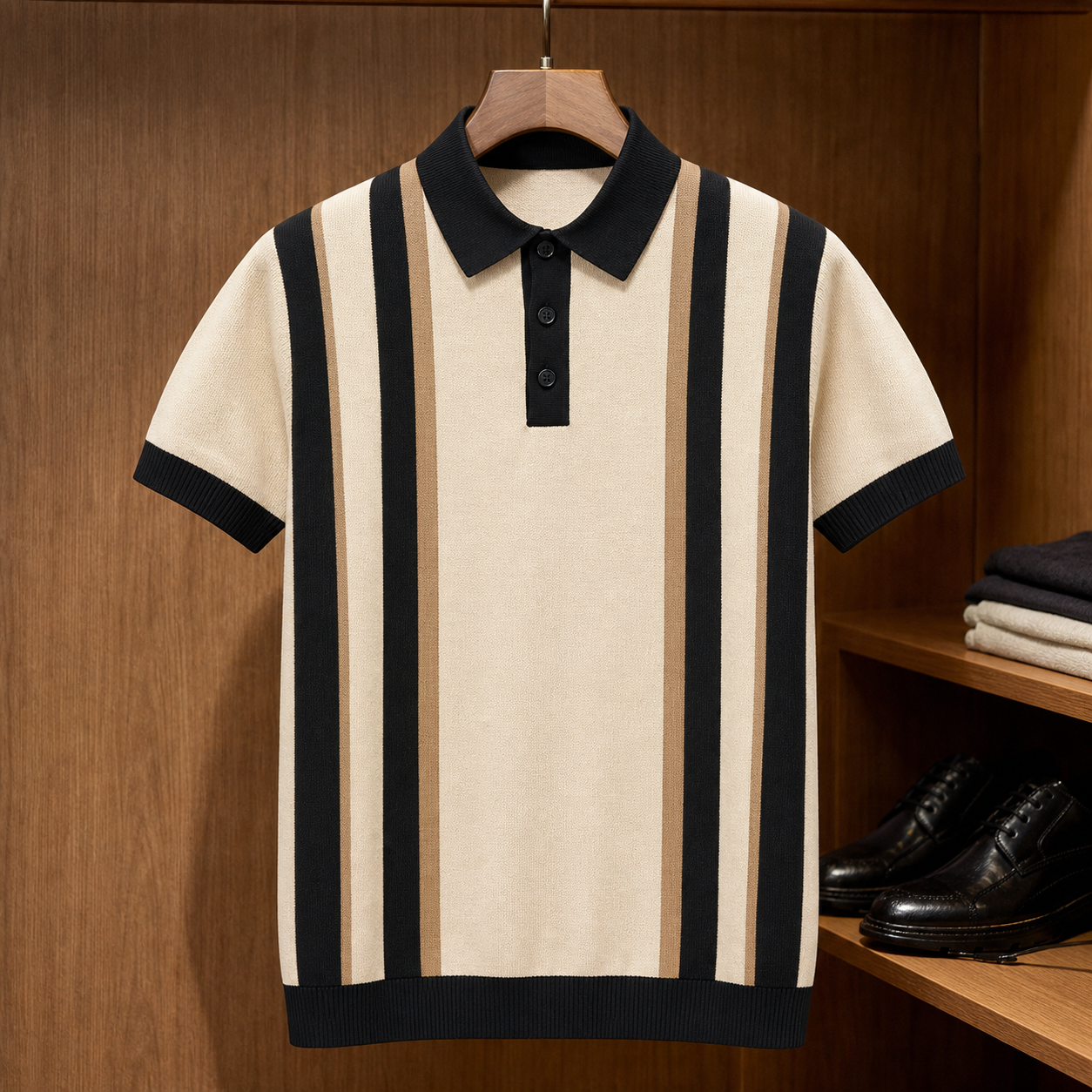 🔥CLEARANCE SALE🔥 Retro Stripe Knit Polo Shirt - Black Tan