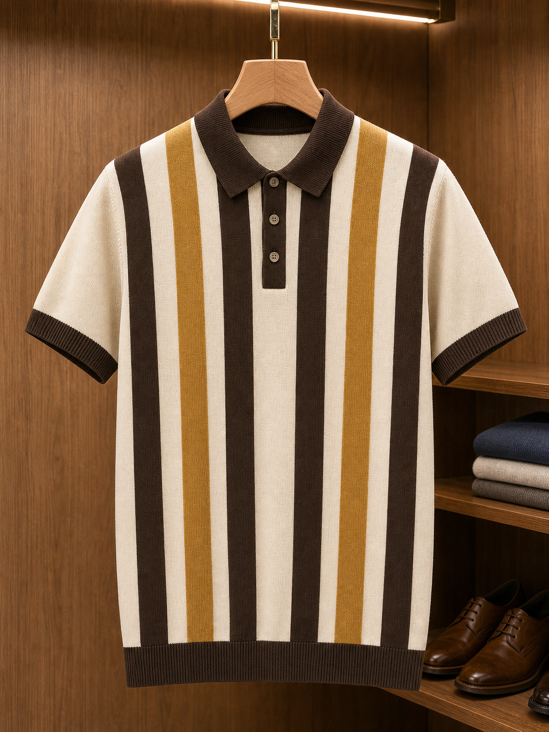 🔥CLEARANCE SALE🔥 Retro Stripe Knit Polo Shirt - Chocolate Mustard