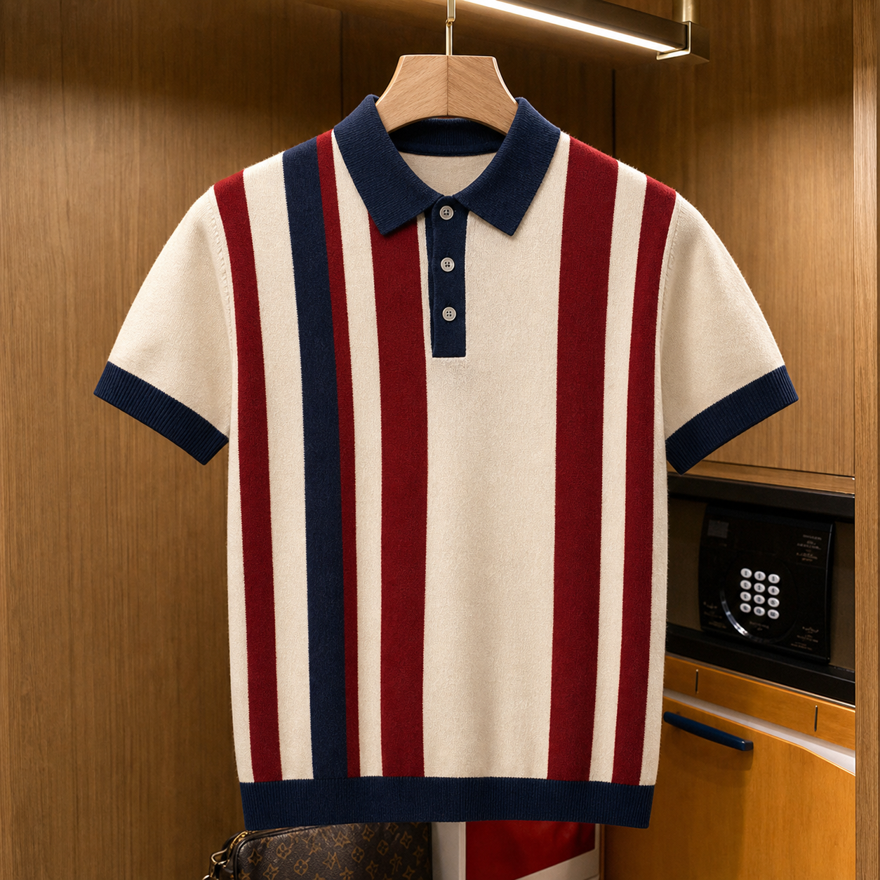 🔥CLEARANCE SALE🔥 Retro Stripe Knit Polo Shirt - Navy Burgundy