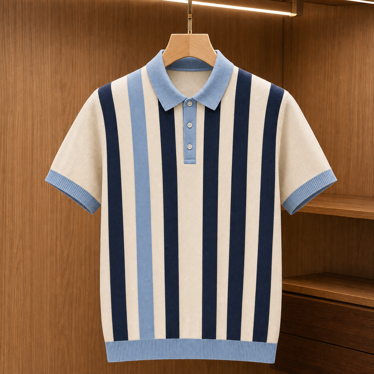 🔥CLEARANCE SALE🔥 Retro Stripe Knit Polo Shirt - Sky Navy