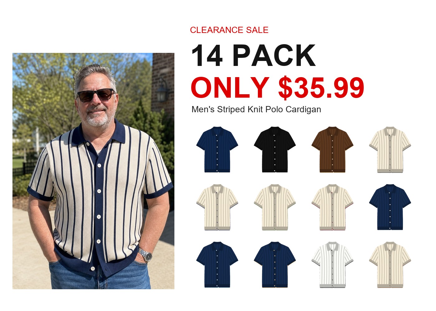 Men's striped knit polo cardigan - hero 14pack promo