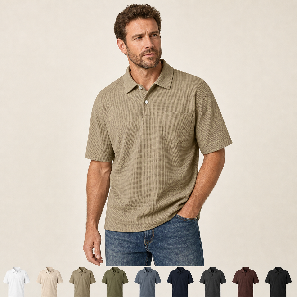 Men's textured waffle pocket polo shirt model