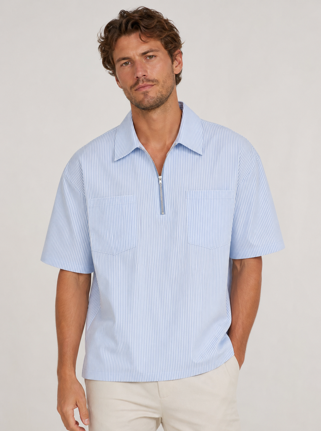 Men's striped quarter zip shirt model