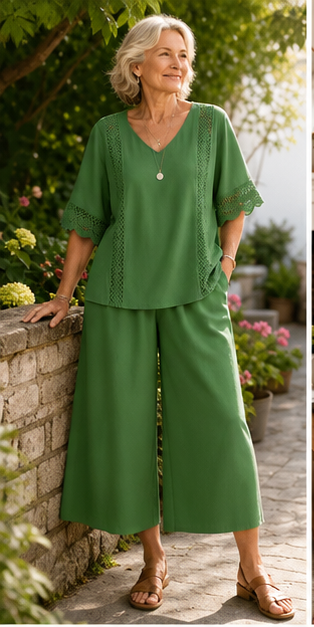 FR -8 ensembles deux pièces pour seulement 32,99 €-Ensemble deux pièces pour femme avec garniture en dentelle et pantalon large