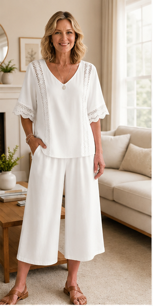 FR -8 ensembles deux pièces pour seulement 32,99 €-Ensemble deux pièces pour femme avec garniture en dentelle et pantalon large