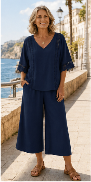 FR -8 ensembles deux pièces pour seulement 32,99 €-Ensemble deux pièces pour femme avec garniture en dentelle et pantalon large
