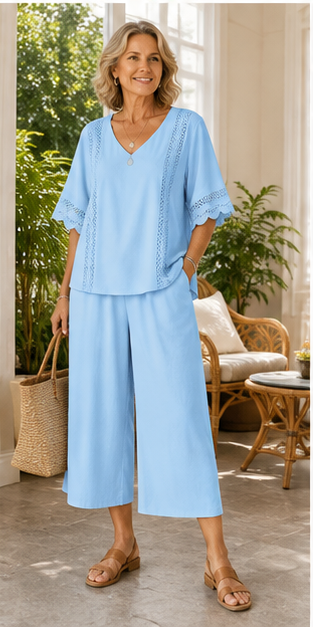 FR -8 ensembles deux pièces pour seulement 32,99 €-Ensemble deux pièces pour femme avec garniture en dentelle et pantalon large