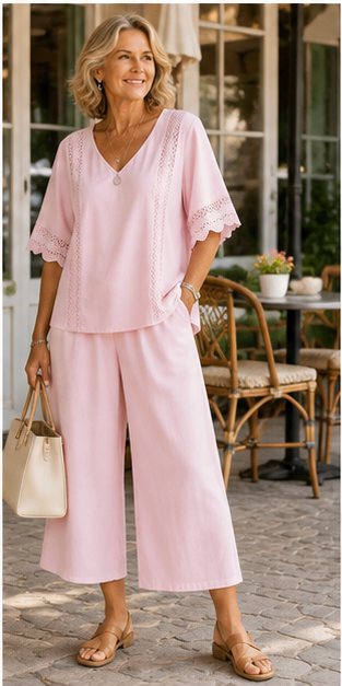 FR -8 ensembles deux pièces pour seulement 32,99 €-Ensemble deux pièces pour femme avec garniture en dentelle et pantalon large