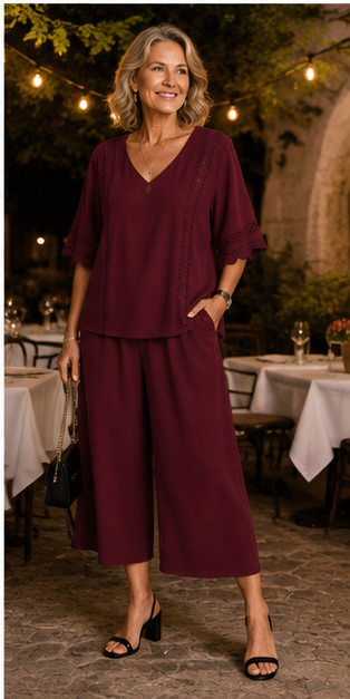 FR -8 ensembles deux pièces pour seulement 32,99 €-Ensemble deux pièces pour femme avec garniture en dentelle et pantalon large