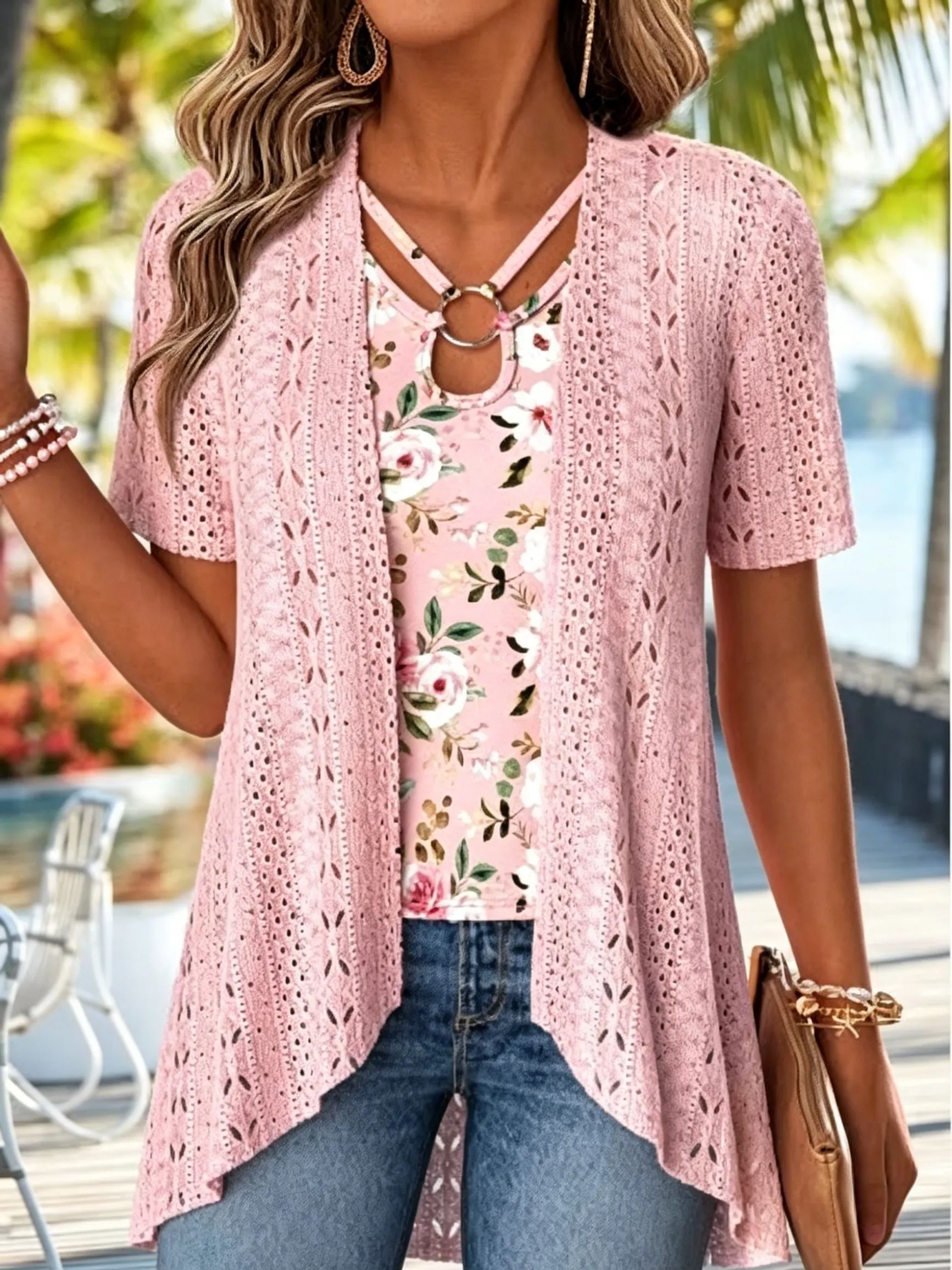Tops For Women ROTITA PatchworkGeometric Print Long Sleeve Light Cardigan