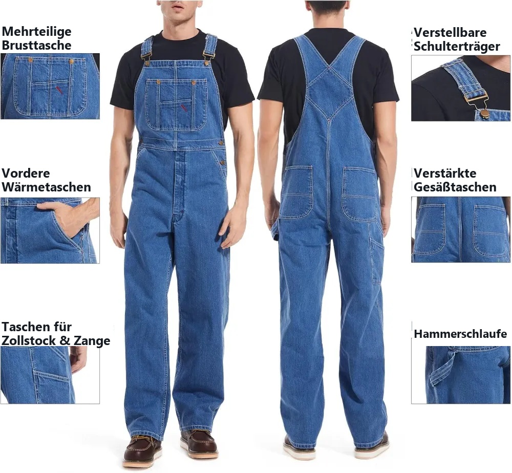 🔥 Letzter Angebotstag 🔥 Herren-Jeans-Latzhose mit verstellbaren Trägern und praktischen Werkzeugtaschen