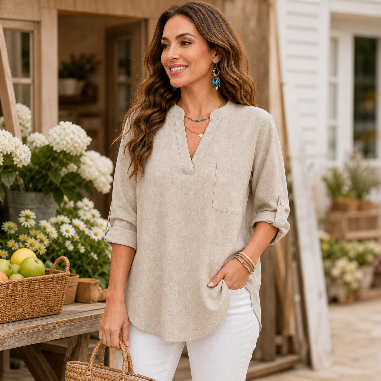 Women's linen-look split neck blouse summer lifestyle scene