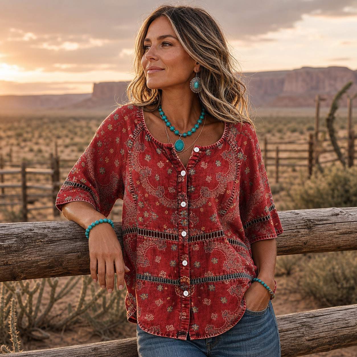 Women's western boho paisley button top lifestyle street scene