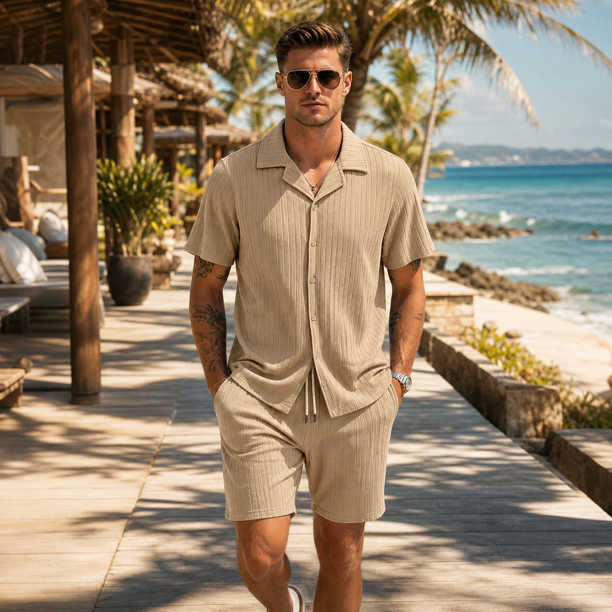 Men's ribbed shirt and shorts set resort lifestyle scene