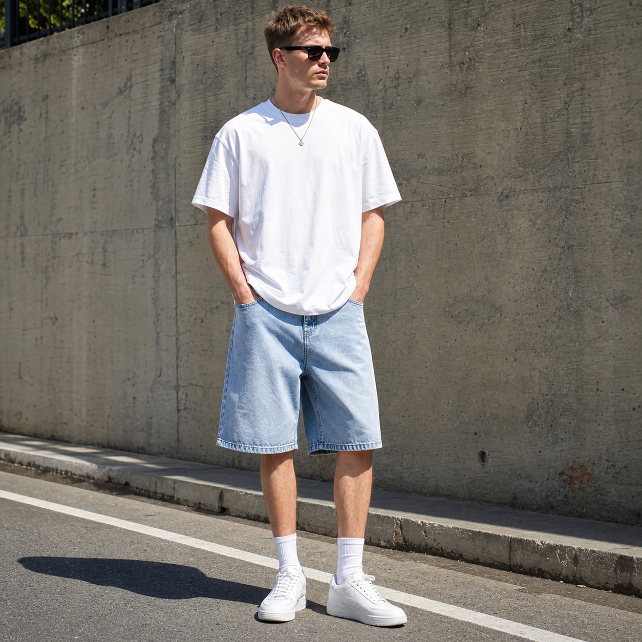 Men's baggy denim shorts summer streetwear lifestyle scene