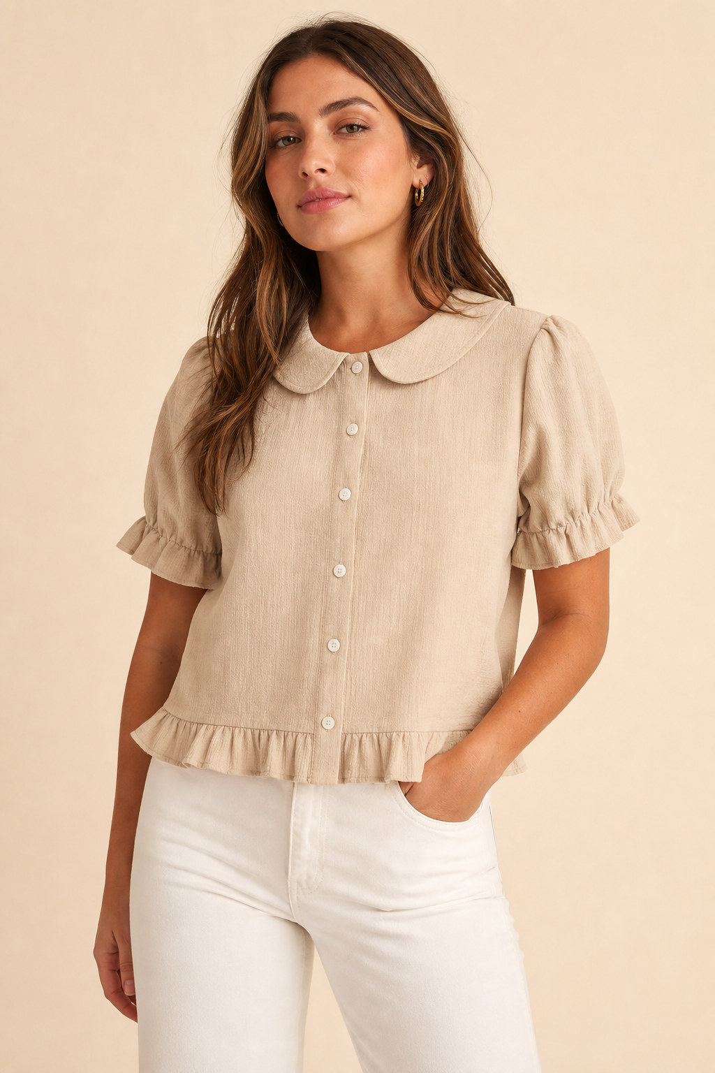 Beige women's ruffle collar button blouse