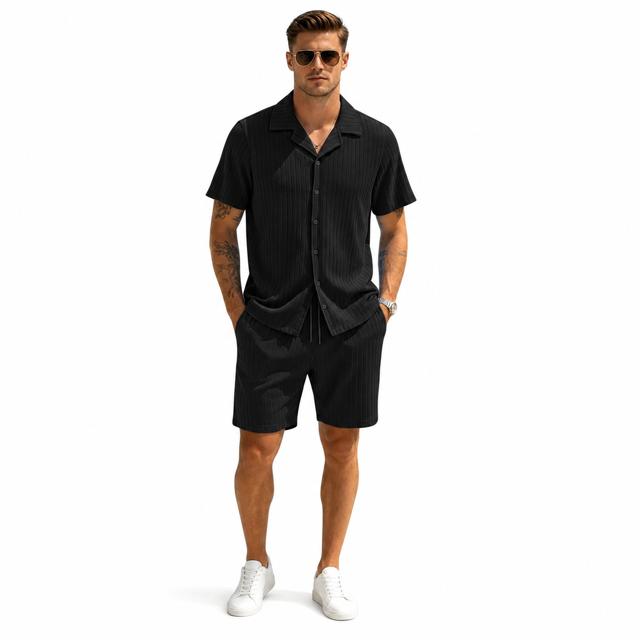 Black men's ribbed shirt and shorts set