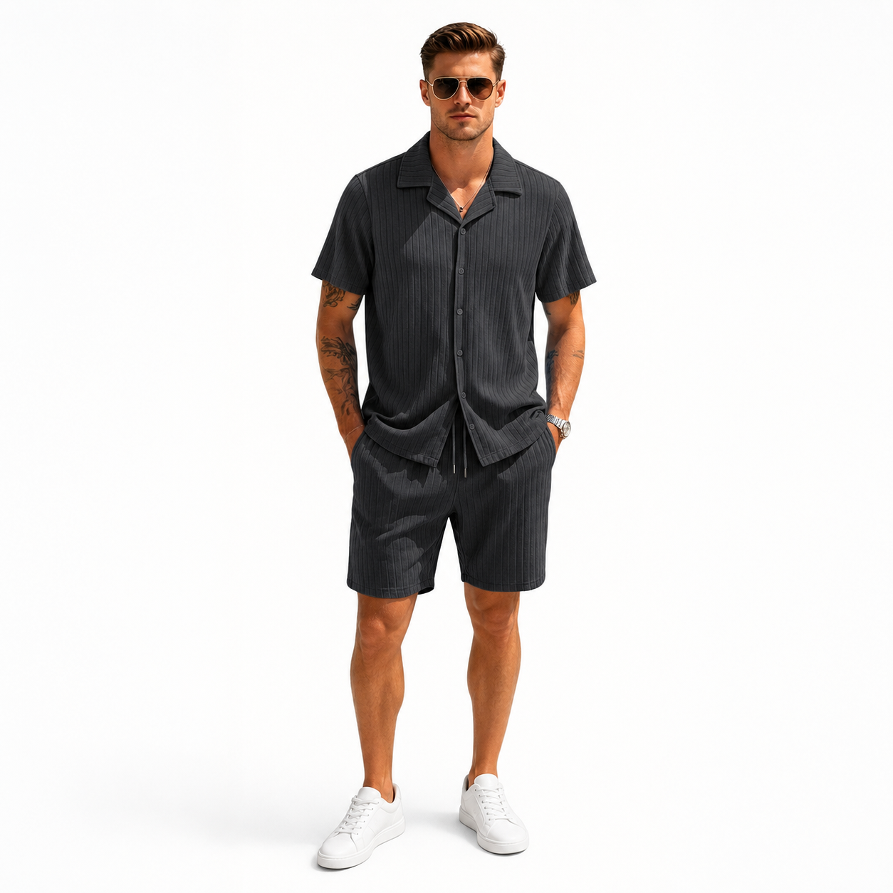 Charcoal men's ribbed shirt and shorts set