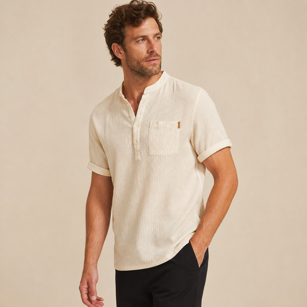 Cream men's short sleeve band collar pocket henley shirt