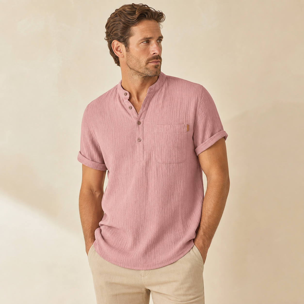 Dusty Pink men's short sleeve band collar pocket henley shirt
