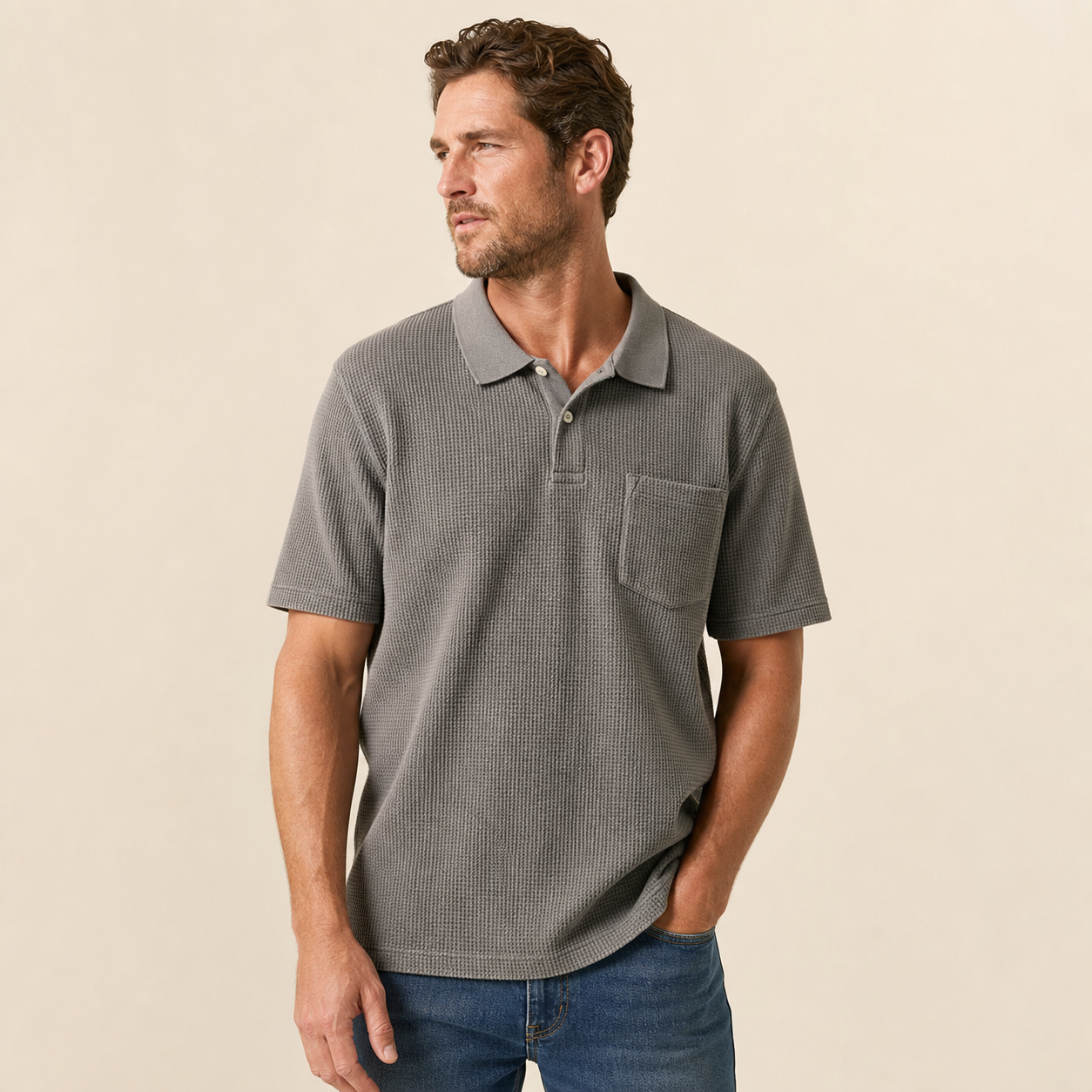 Gray men's textured waffle pocket polo shirt