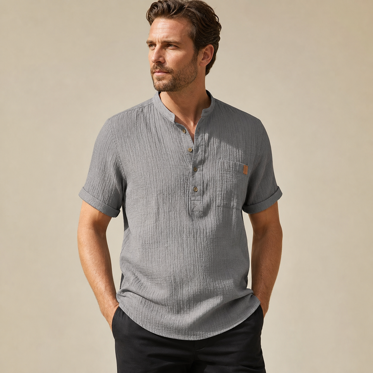 Gray men's short sleeve band collar pocket henley shirt