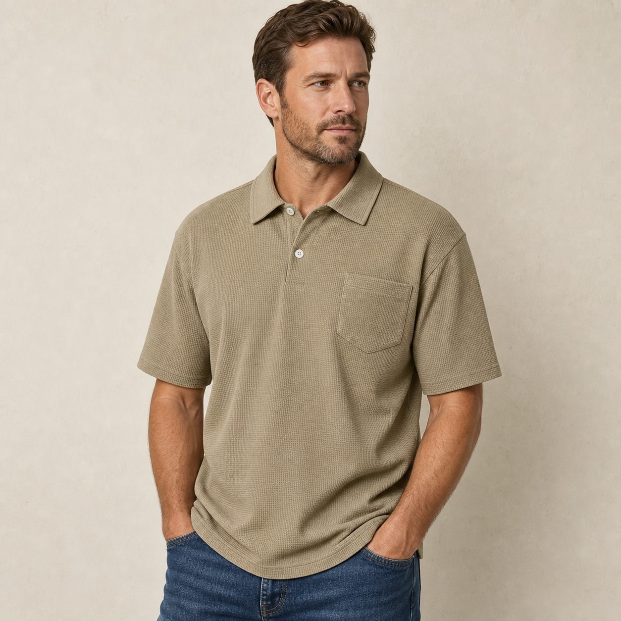Khaki men's textured waffle pocket polo shirt