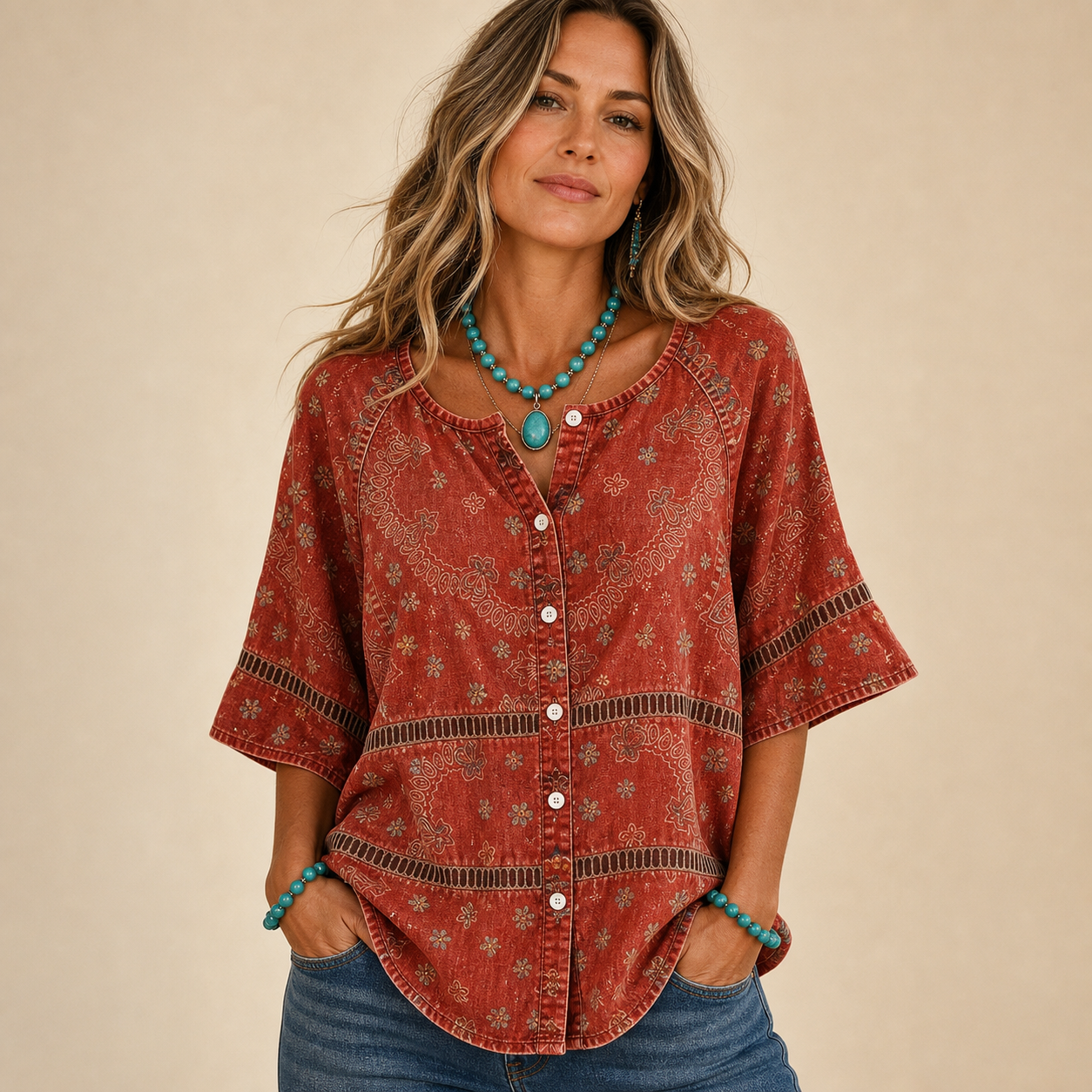 Rust women's western boho paisley button top