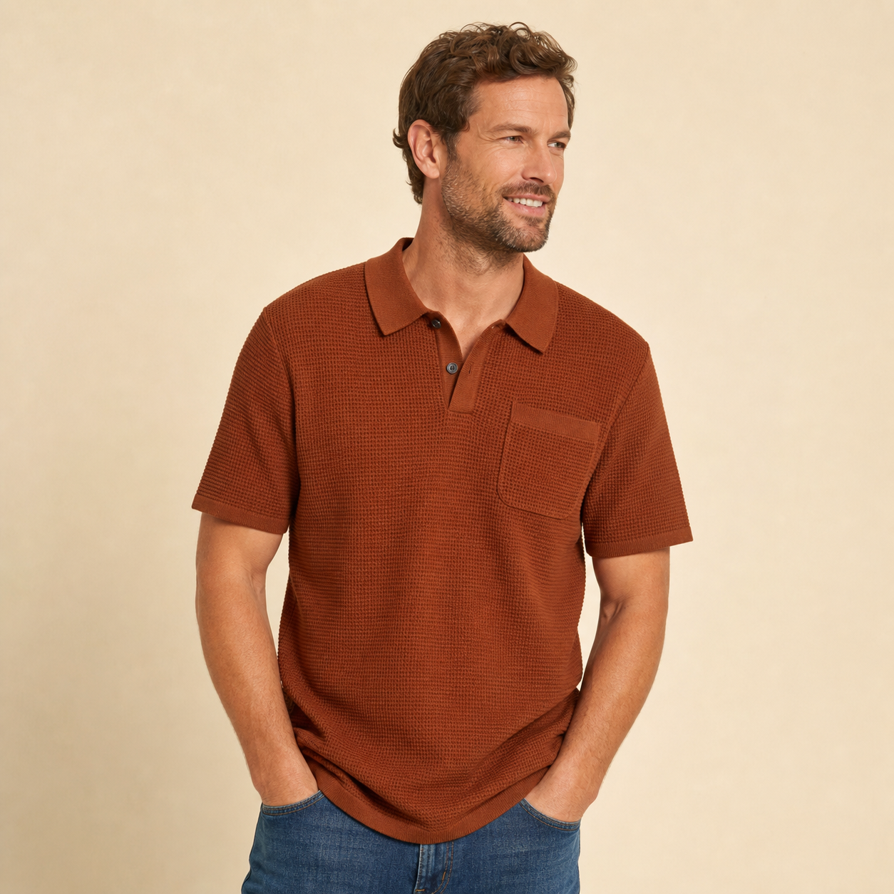 Rust Brown men's textured waffle pocket polo shirt